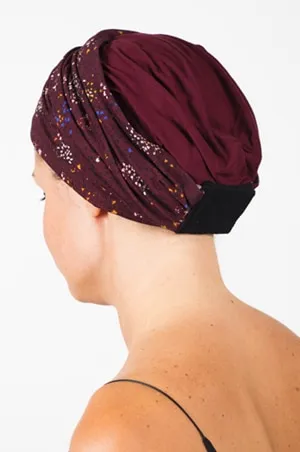 Bandeau pour chimiothérapie et pelade à petites fleurs et son bonnet assorti prune