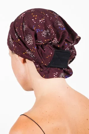 Bandeau pour chimiothérapie et pelade à petites fleurs et son bonnet assorti prune