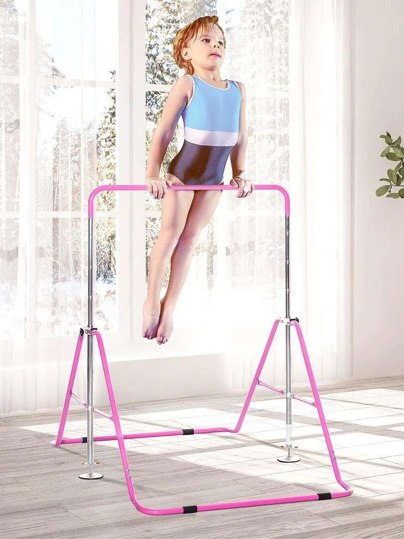 Barre fixe de gymnastique enfant pliable hauteur réglable acier - Rose