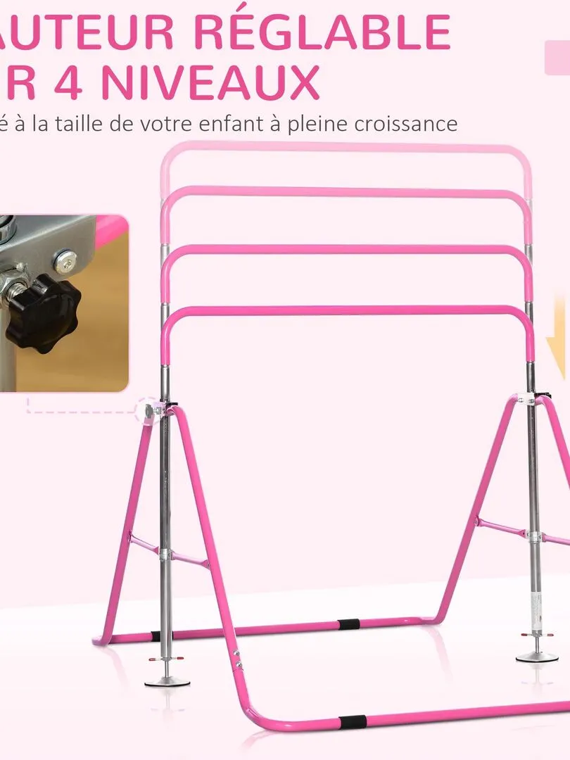 Barre fixe de gymnastique enfant pliable hauteur réglable acier - Rose