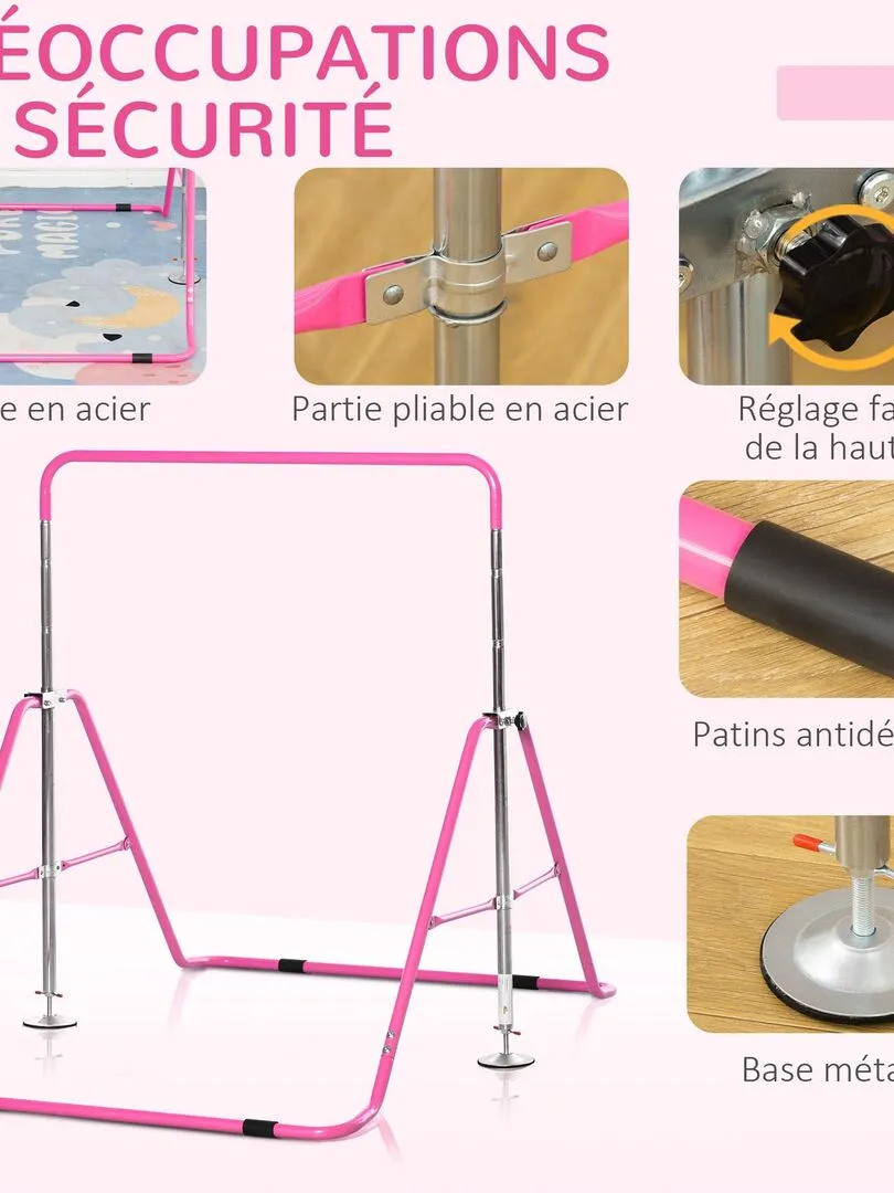 Barre fixe de gymnastique enfant pliable hauteur réglable acier - Rose