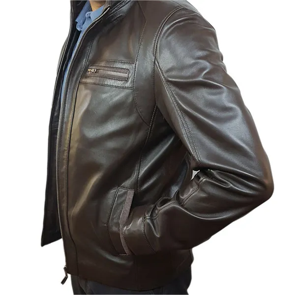 Blouson cuir agneau marron fonce