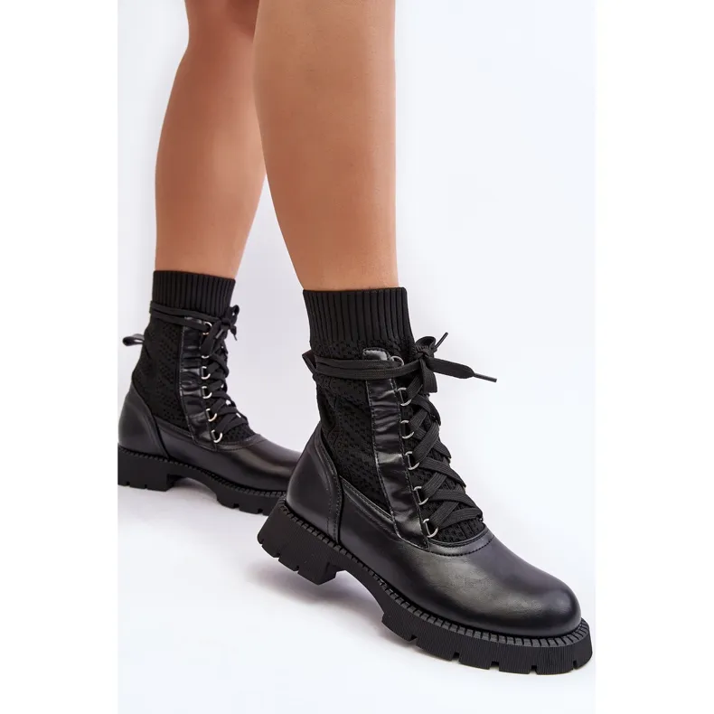 Bottines Femme avec Chaussette à Lacets Noir Gentiana le noir