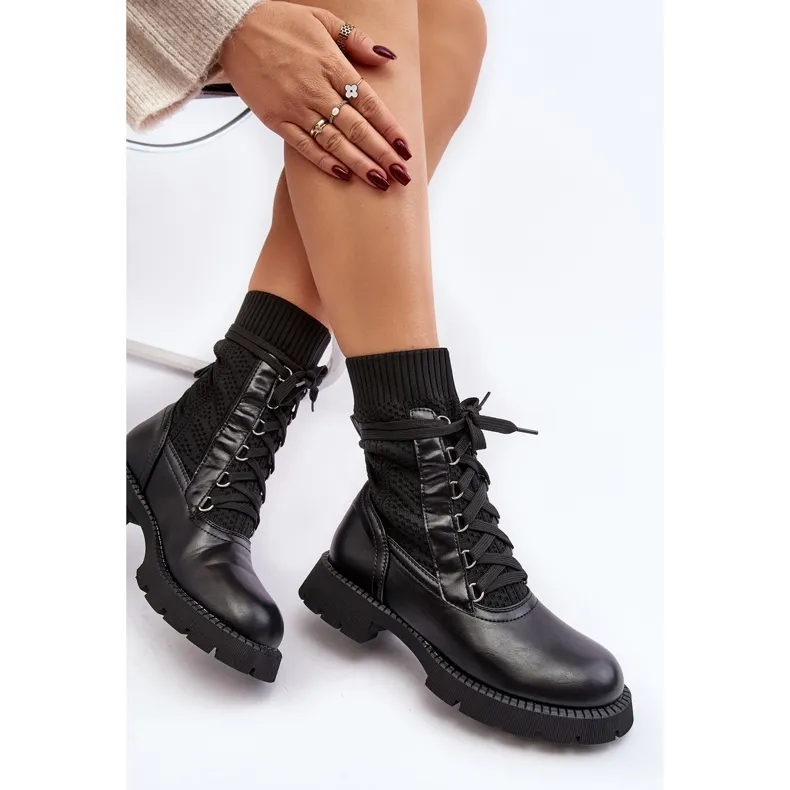 Bottines Femme avec Chaussette à Lacets Noir Gentiana le noir