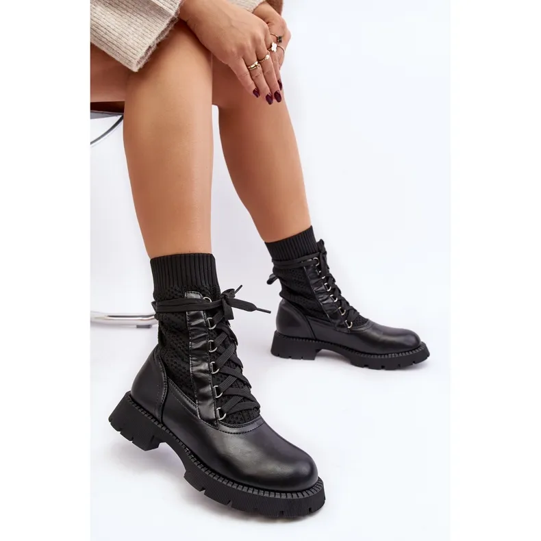 Bottines Femme avec Chaussette à Lacets Noir Gentiana le noir