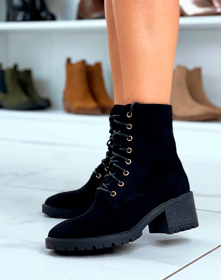 Bottines noires à lacets en suédine et petit talon pour femmes