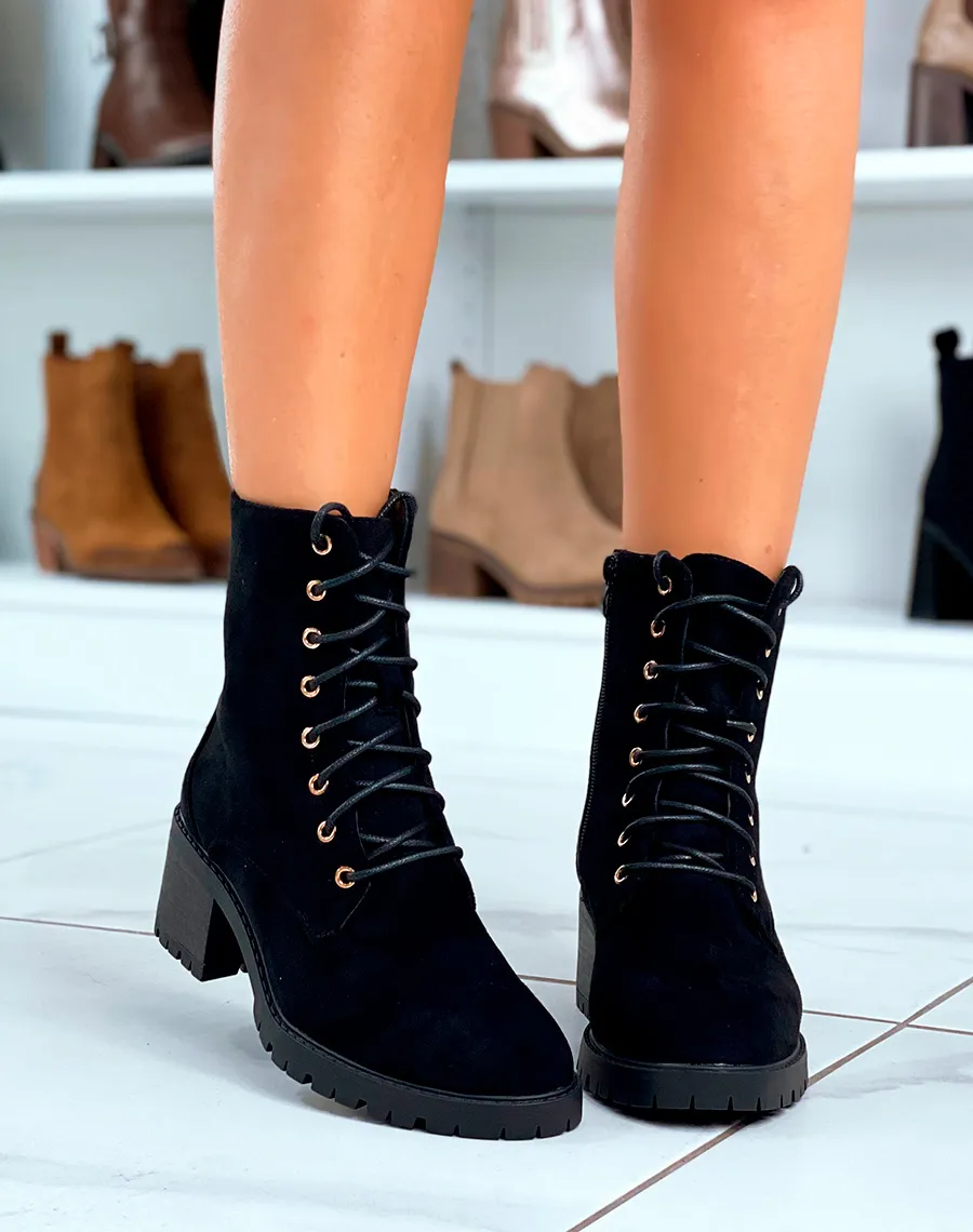 Bottines noires à lacets en suédine et petit talon pour femmes