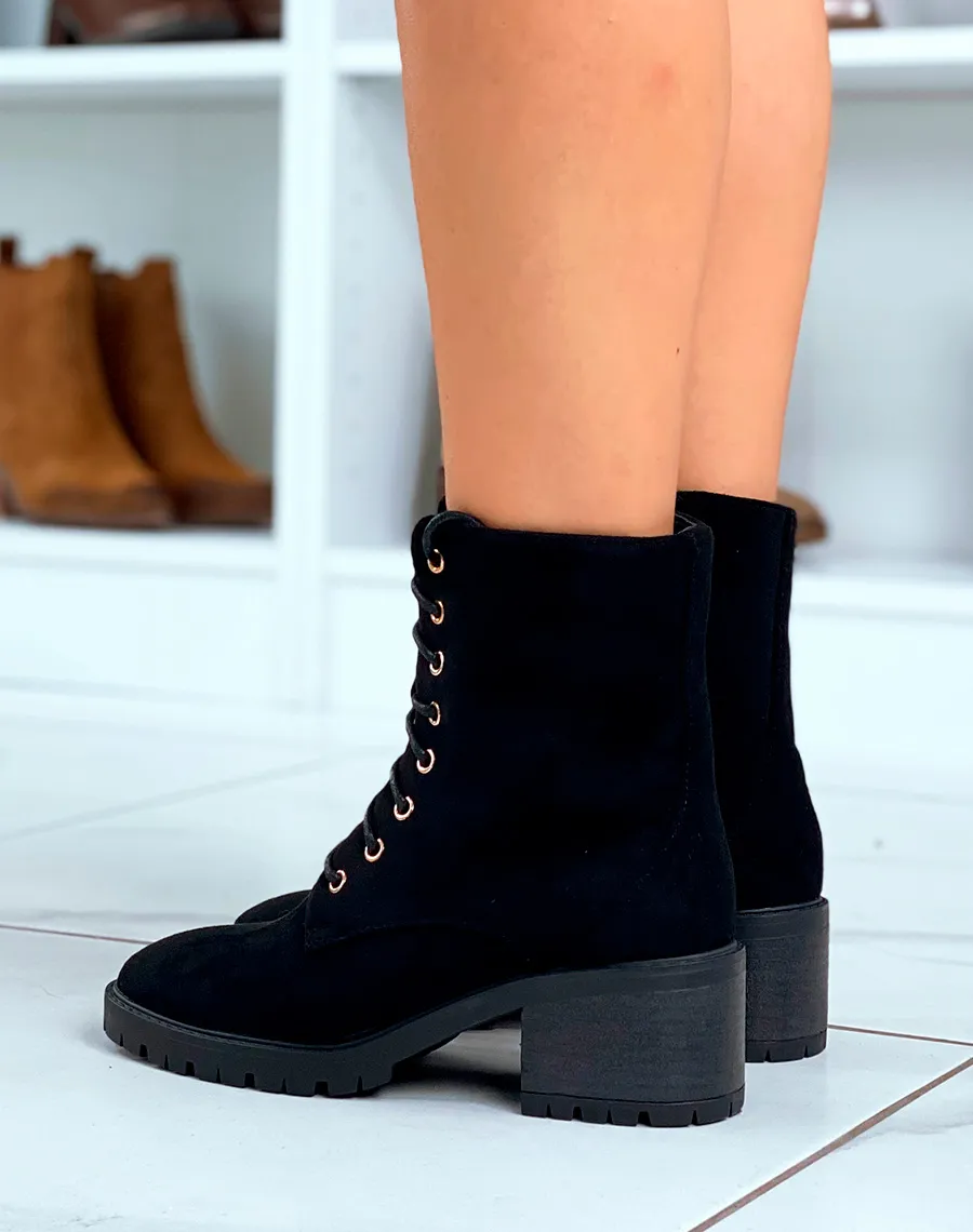 Bottines noires à lacets en suédine et petit talon pour femmes