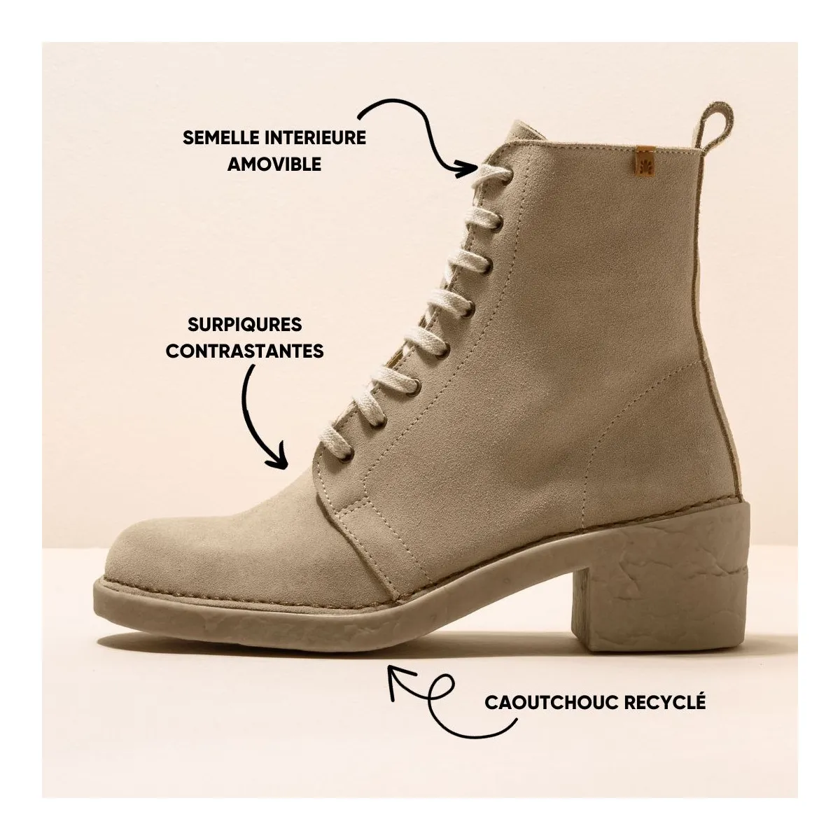 Bottines à talon et lacets en cuir suédé - Beige