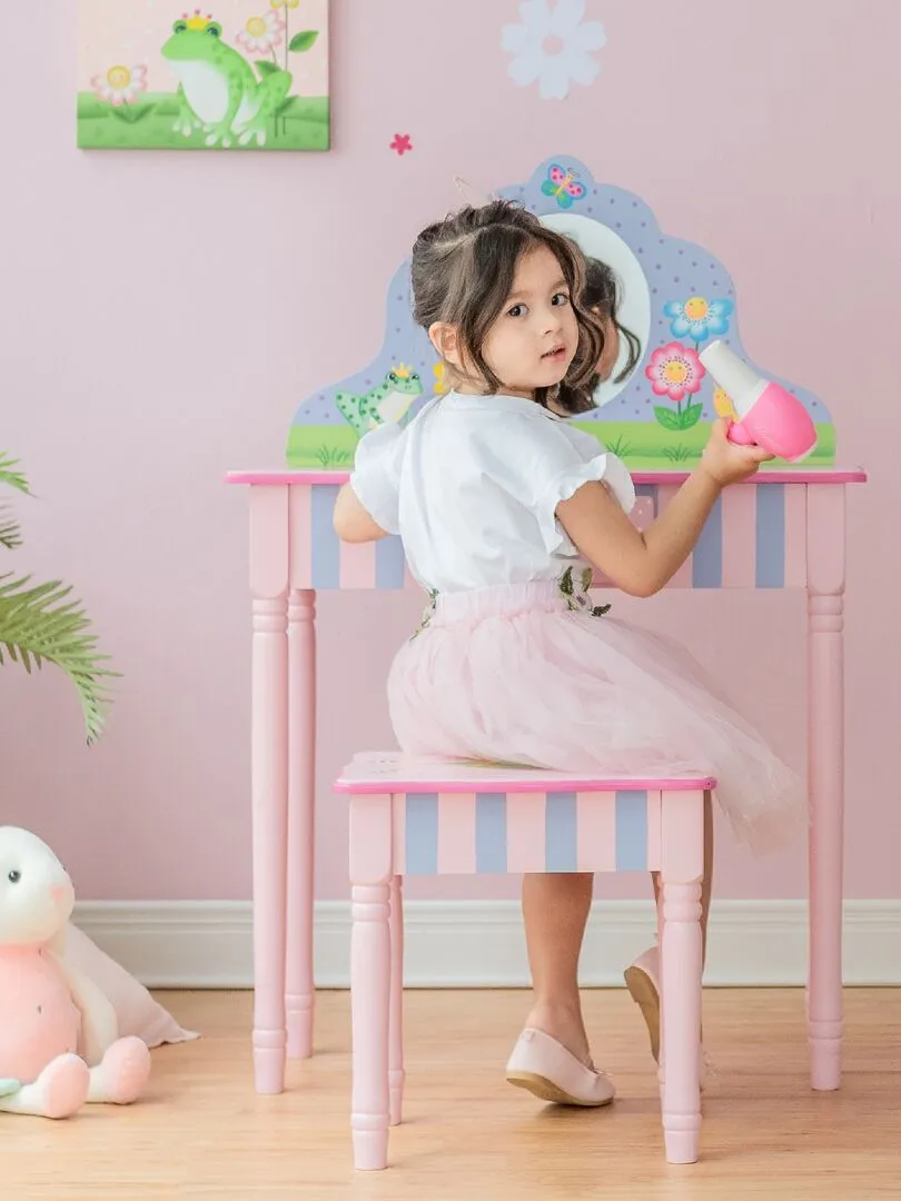 Coiffeuse enfant avec tabouret miroir meuble en bois fille rose Fantasy Fields Teamson TD-13245A - Rose