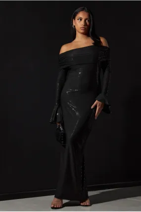 Robe longue noire à col bardot à sequins