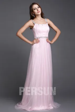 Robe soirée rose tulle pastel bretelles embellie de bijoux pour gala