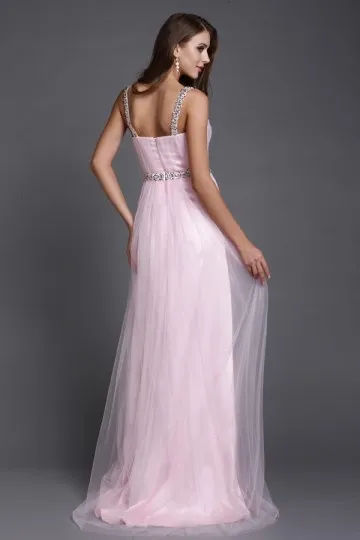 Robe soirée rose tulle pastel bretelles embellie de bijoux pour gala