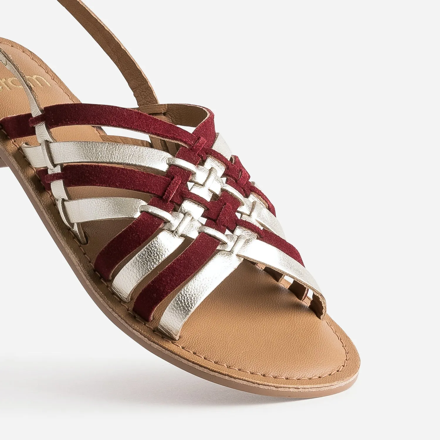 Sandale dorée et bordeaux en cuir tressé - Sandales Femme | ERAM