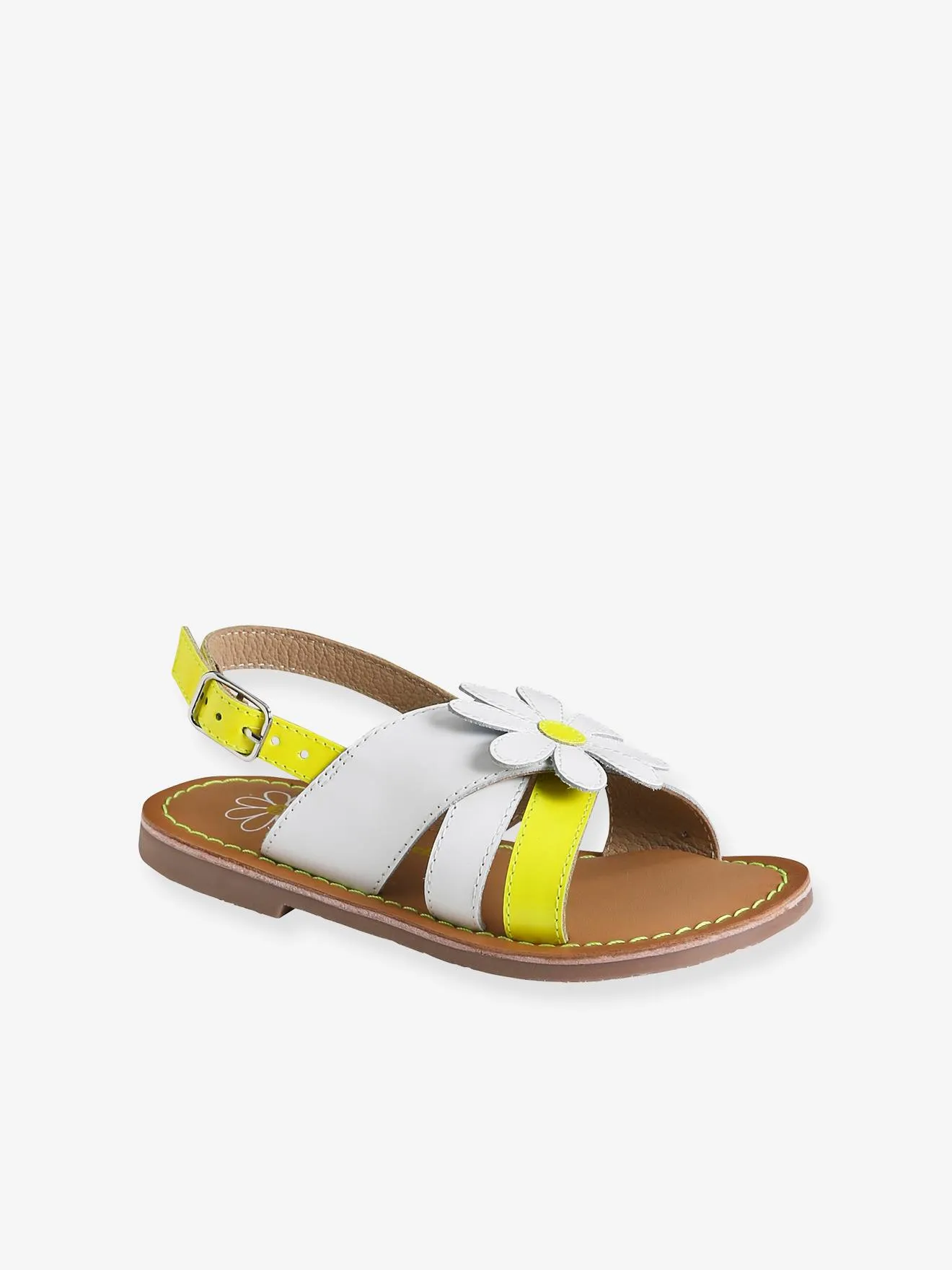 Sandales cuir et cuir fluo fille blanc - Vertbaudet