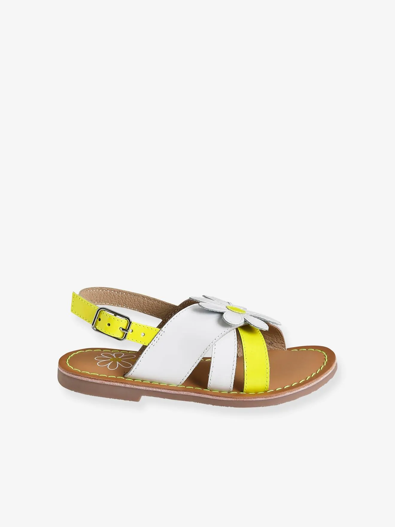 Sandales cuir et cuir fluo fille blanc - Vertbaudet