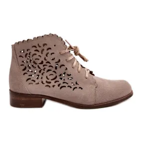 Zazoo 2871 Bottines à lacets ajourées pour femme, Beige