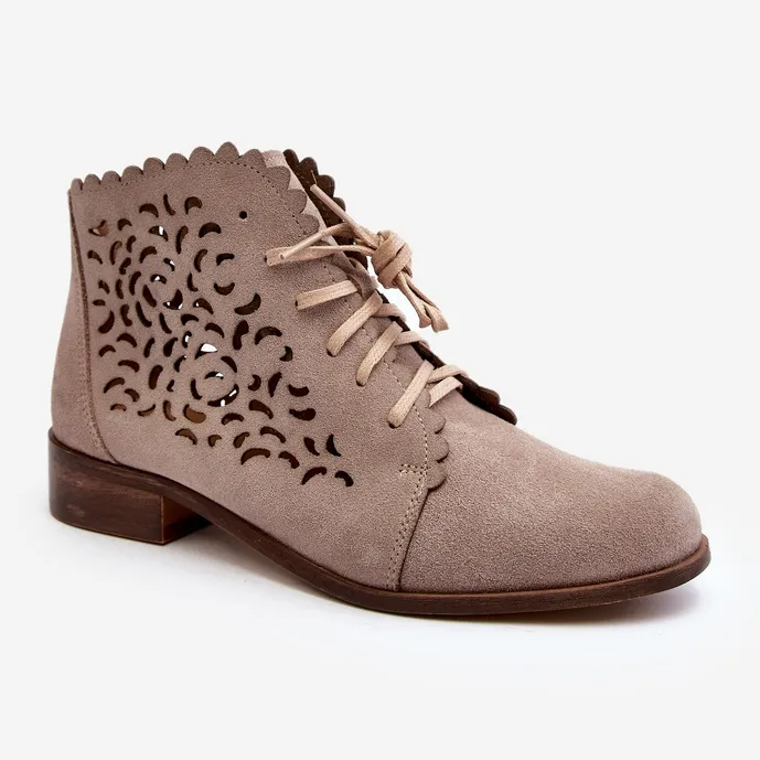 Zazoo 2871 Bottines à lacets ajourées pour femme, Beige